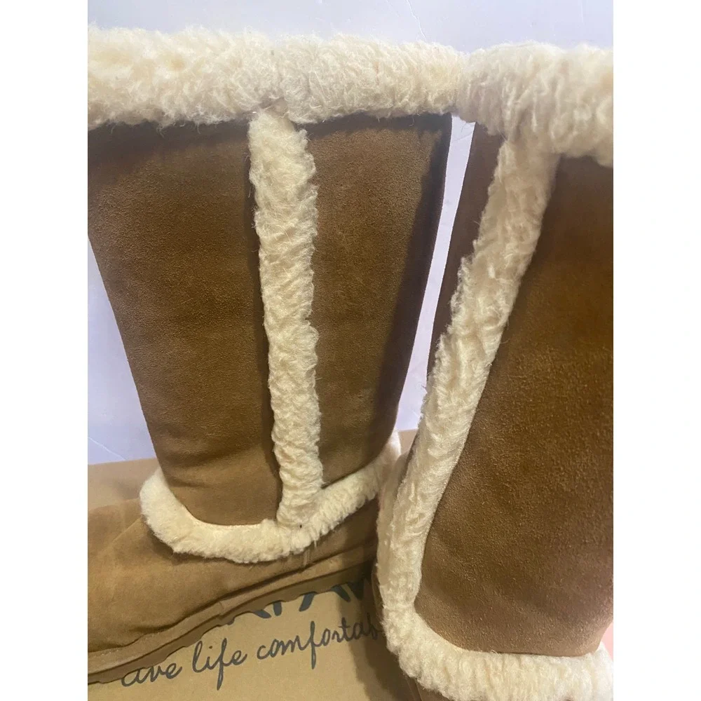 Bearpaw KendallTall Hickory Suede Fur Trim Winter Boots Brown Women's Size 8
